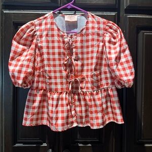 Fancy D Red & White Gingham Tie Front Blouse